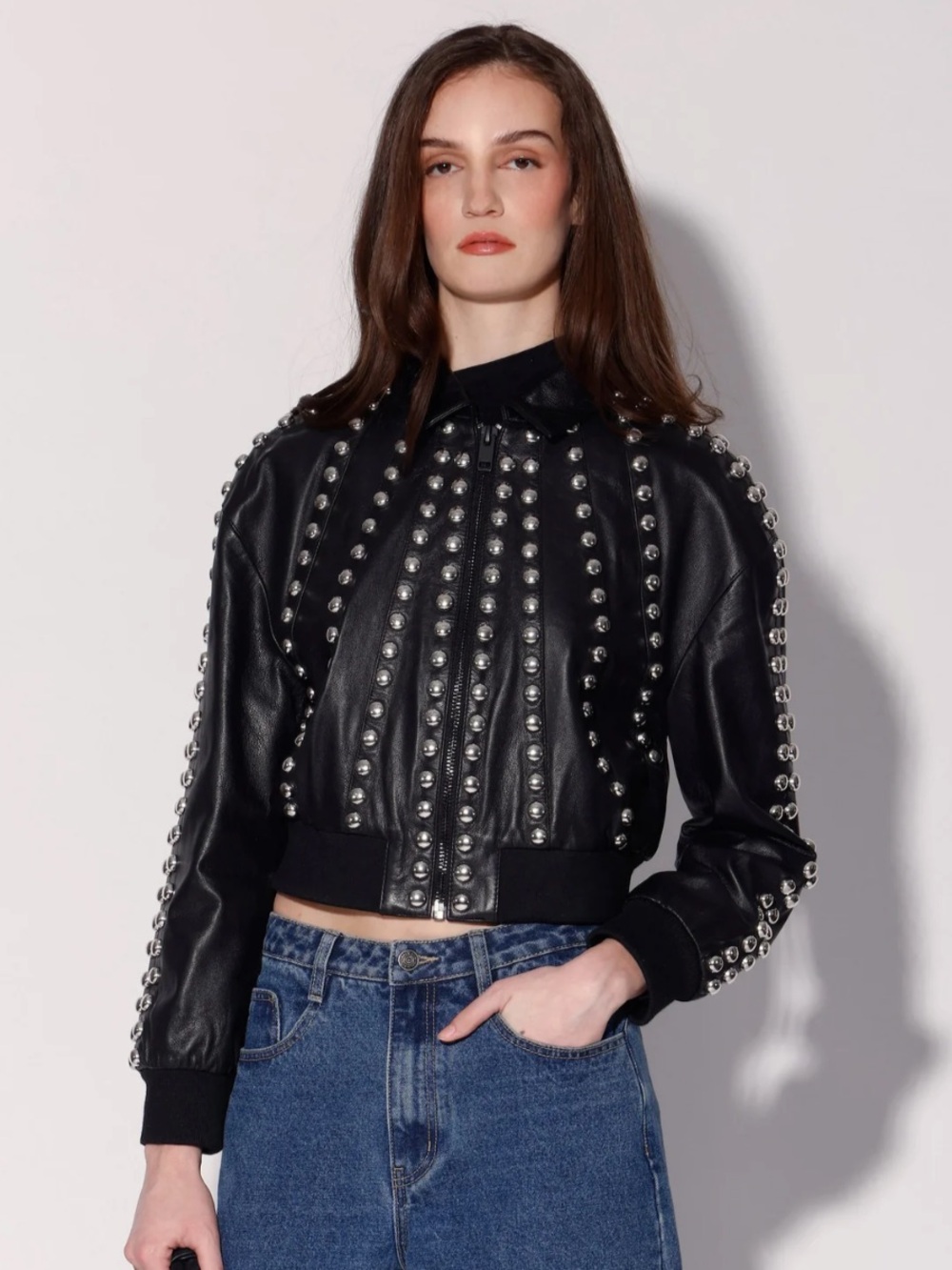 NWT Walter Baker Ilaria Black Silver Studded Leather Jacket Large